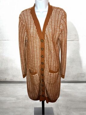 Olive & Oak Two-Tone Houndstooth Chunky Knit Long Midi Cardigan Rust  Cream M